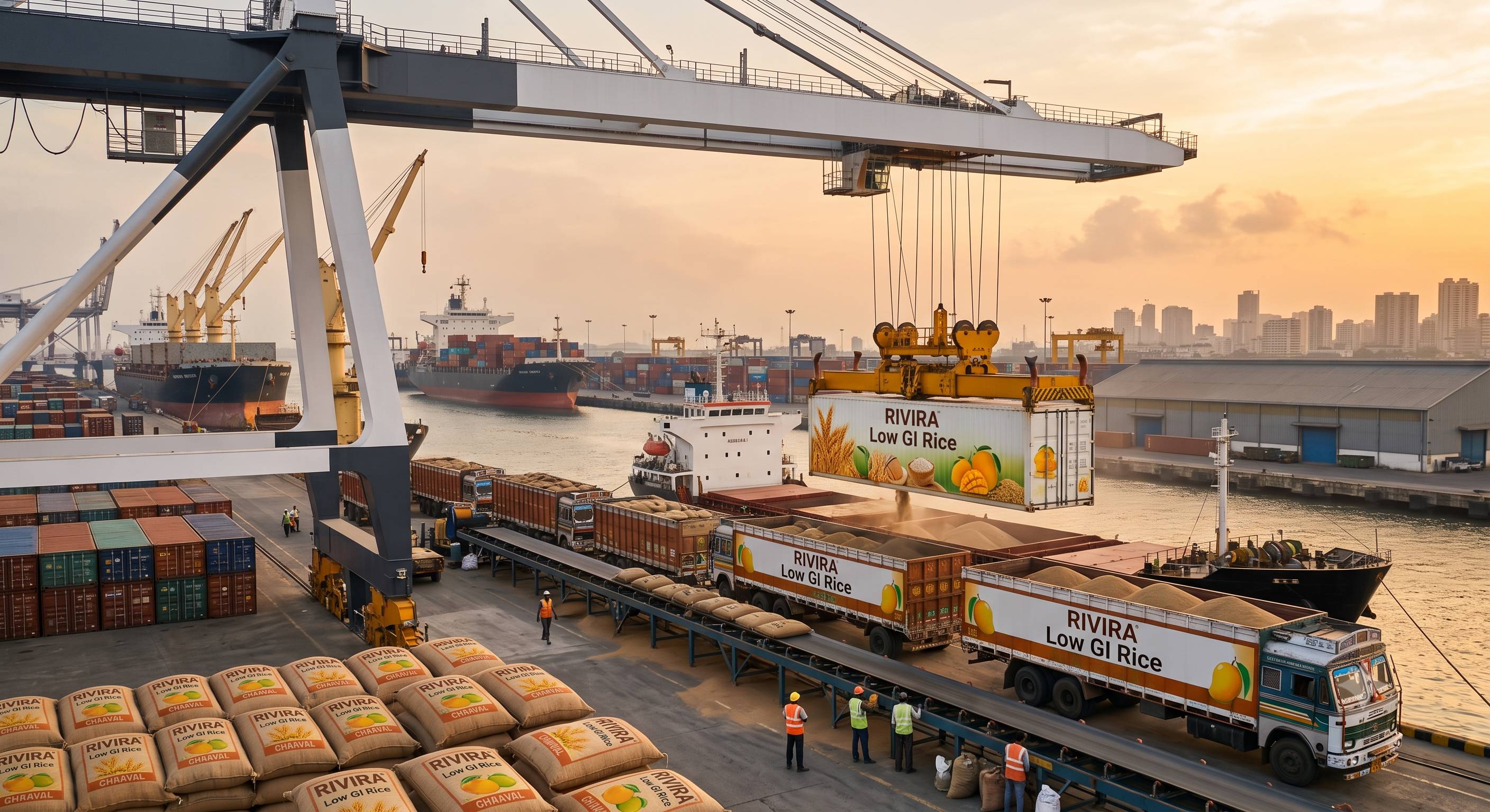 Agricultural commodities such as rice and spices being prepared and packed for export