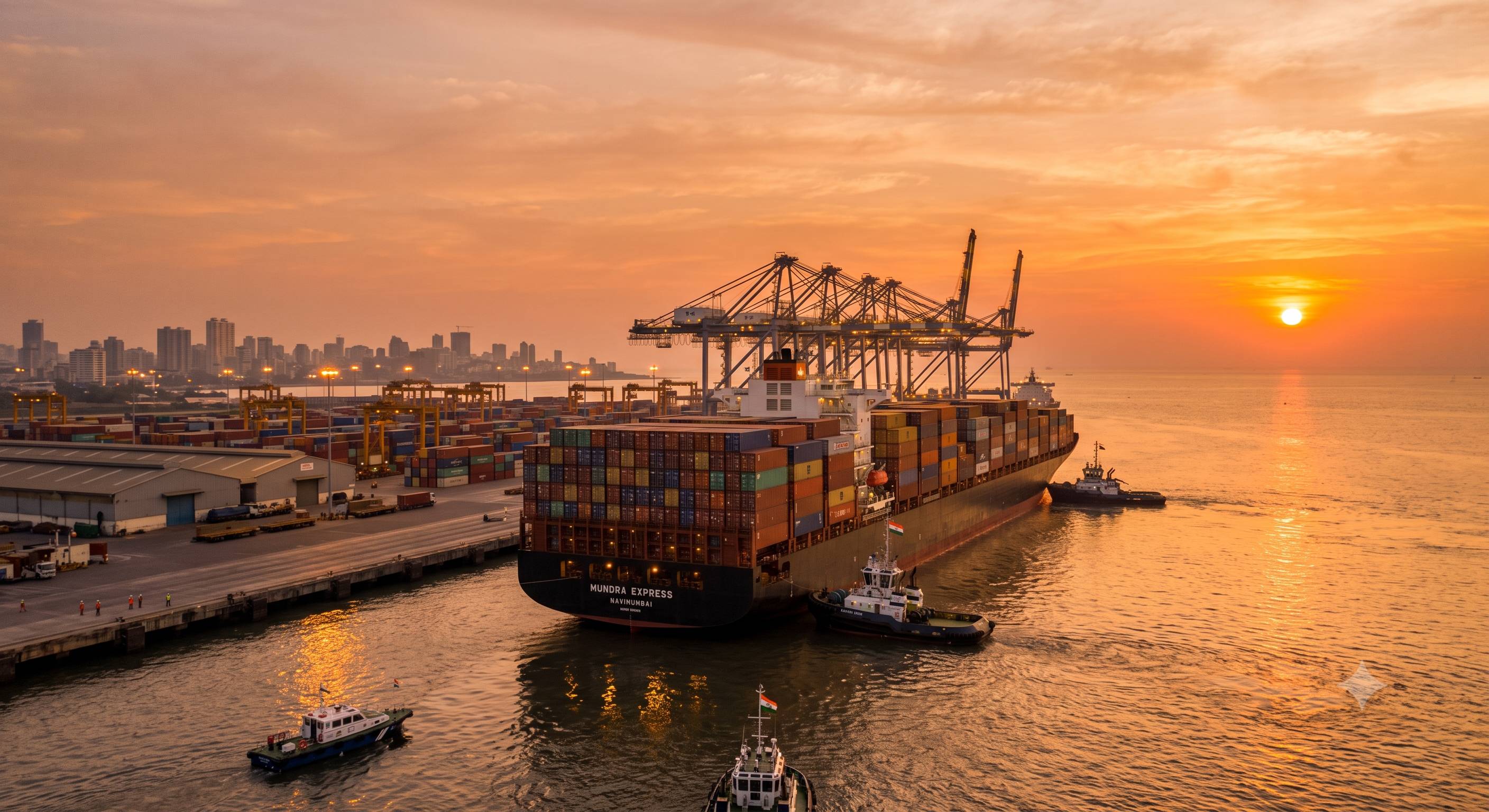 Container vessel departing an Indian port at golden hour, cargo cranes and stacked containers in the foreground