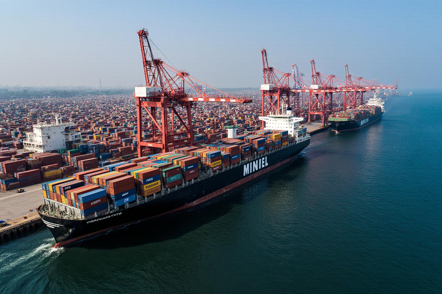 Wide view of an Indian container port with cranes and stacked shipping containers
