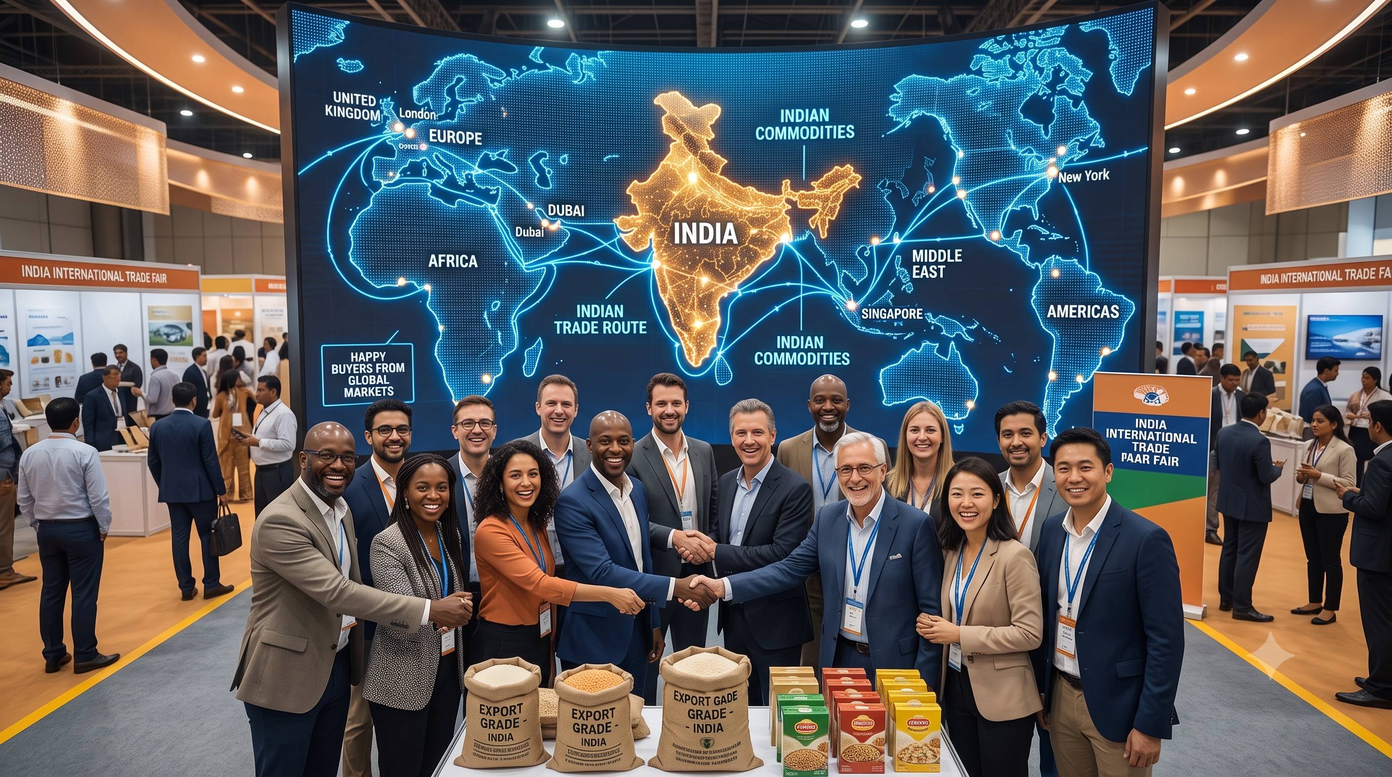 An Indian exporter meeting with an international buyer to discuss a trade partnership