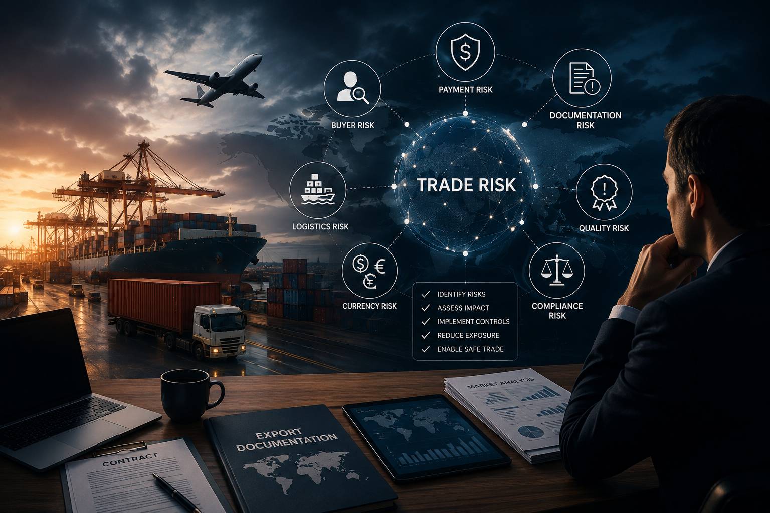 Shipping documents and a globe symbolising the risks involved in cross-border trade