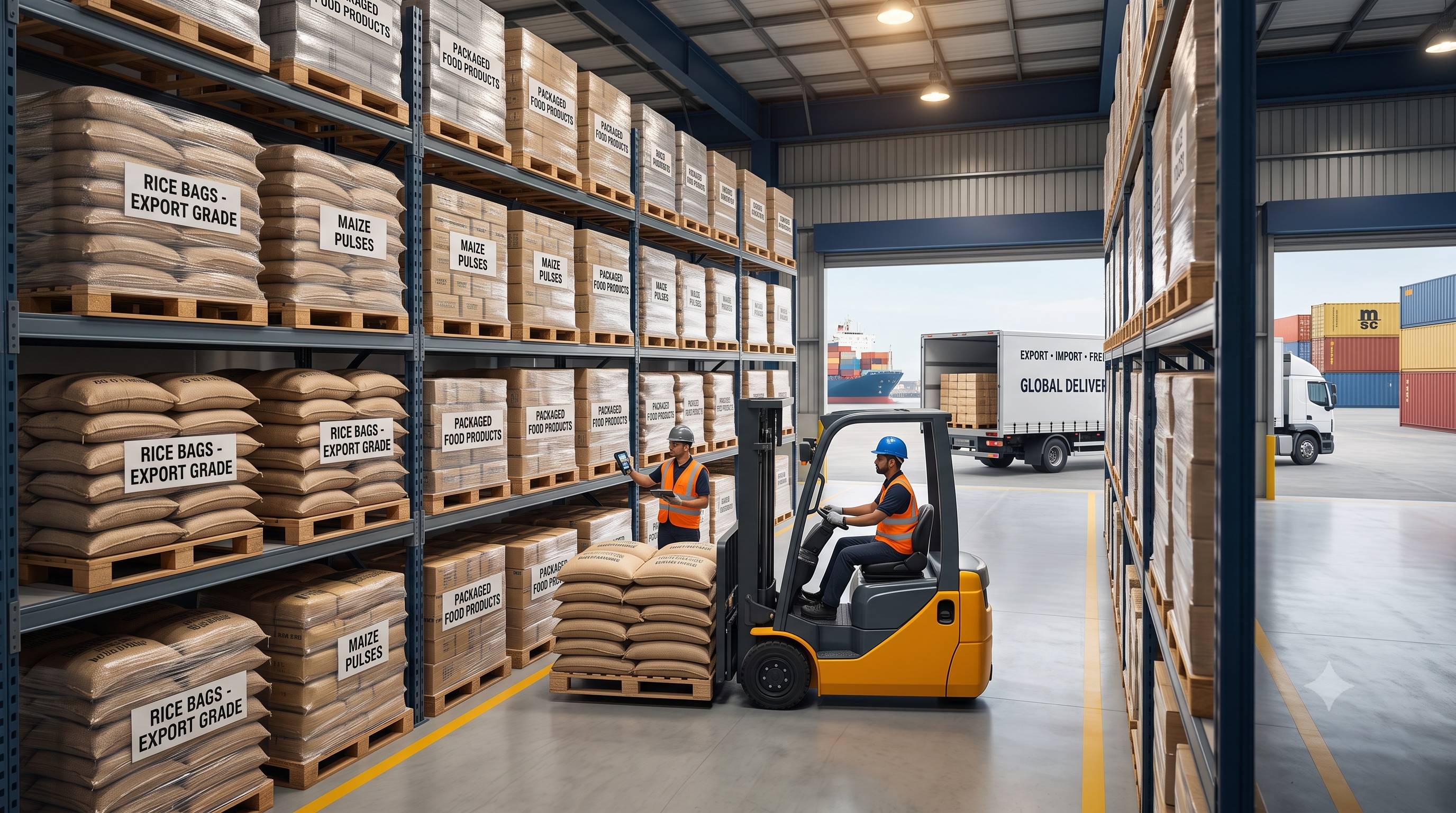Interior of a freight forwarding warehouse with pallets and stacked goods ready for dispatch