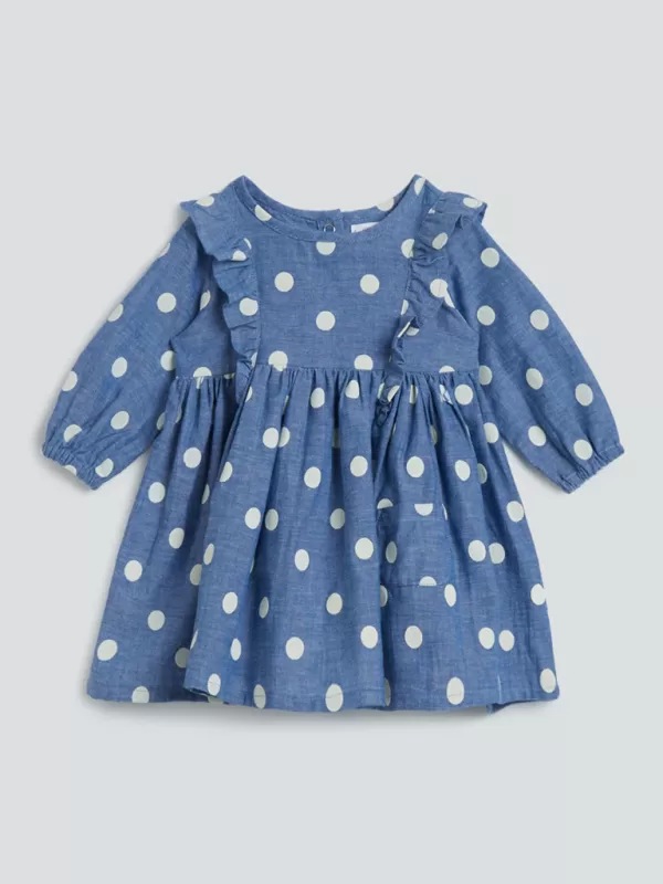 BABY GIRLS WASH DENIM DOT AOP LONG SLEEVE JUMPSUITS